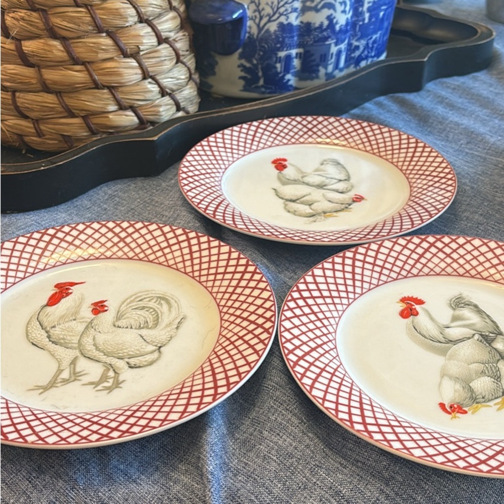 Rooster plates red and white check salad plates set of 3